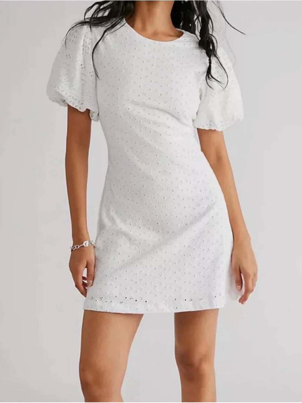 Free People Apricot Rose White Eyelet Puff-Sleeve Mini Dress (Small)